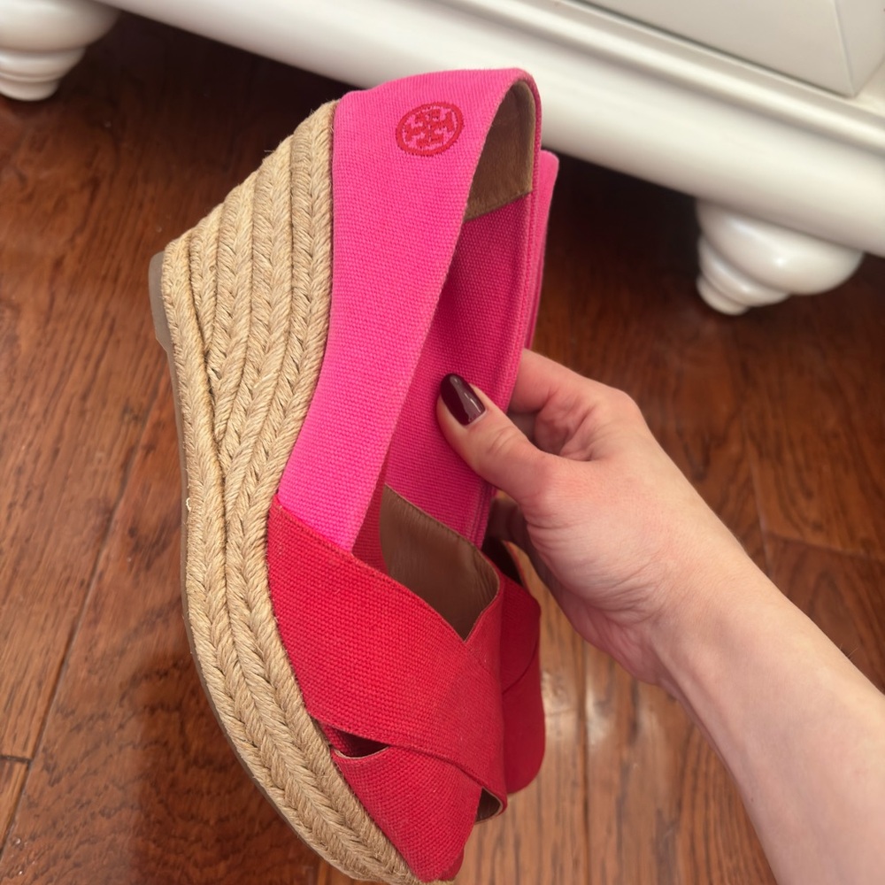 Tory Burch Two-Tone Pink and Red Espadrille Wedge Sandals in good condition!!!